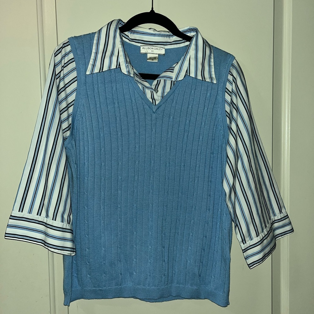 🔴Allison Daley Blue Vest with Striped Sweater Shirt GUC